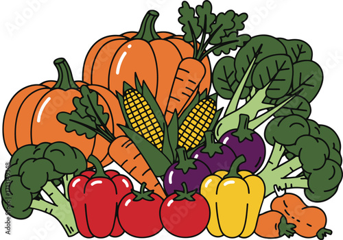 The illustration showcases a bountiful collection of autumn vegetables