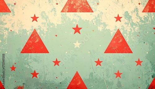 A vintage-inspired design featuring a repeating pattern of red triangles and stars on a textured, light teal background.