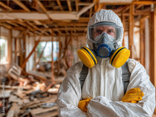 Worker in Full Hazmat Suit and Gas Mask Standing in Damaged Construction Site for Safety