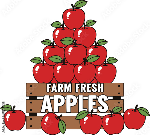 A vibrant illustration of a wooden crate overflowing with a pyramid of ripe, red apples. 