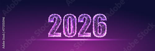 2026 New Year web banner, neon purple glowing vector illustration on dark gradient background