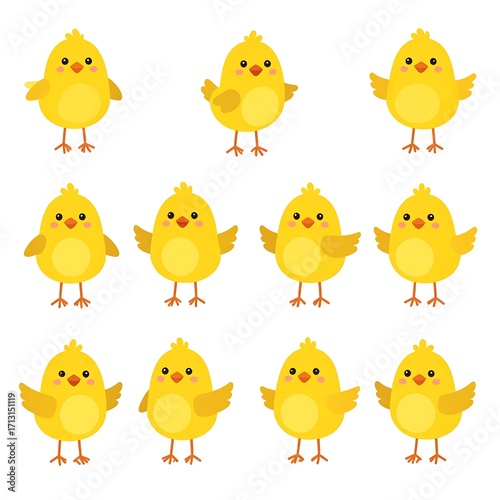 Nine cheerful yellow chicks in various poses, set against a plain white background, showcasing an array of joyful expressions and body language.