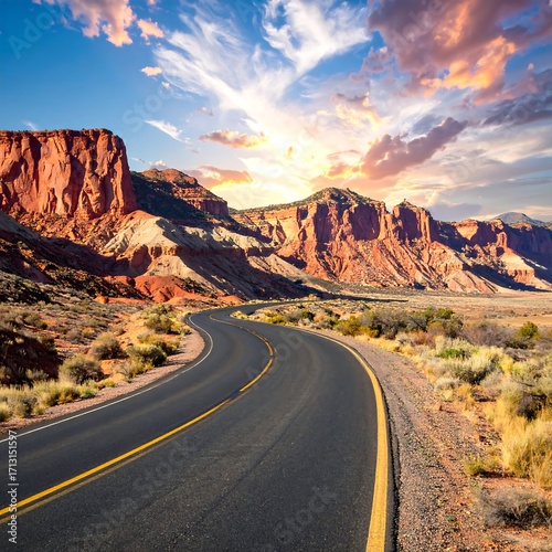 A winding road through a breathtaking desert landscape at golden hour, showcasing vibrant red rock formations against a dramatic sunset sky.