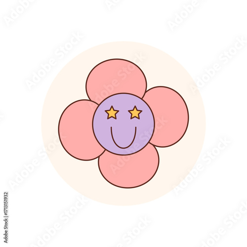 Cute groovy flower sticker in a colorful retro circle label with flat smiley face. Playful seal for lid or box, this y2k package accent brings happy, fun charm.