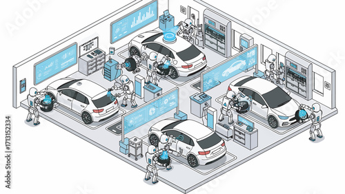 Automated car factory robots assemble vehicles with precision in a modern, efficient production line, showcasing technological advancement and industrial innovation.