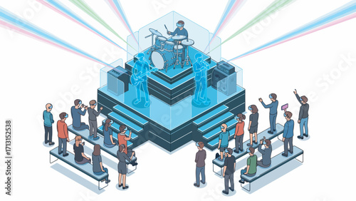 Musician playing drums on elevated platform with holographic performers entertains a crowd in a futuristic concert hall, creating a vibrant and energetic atmosphere.