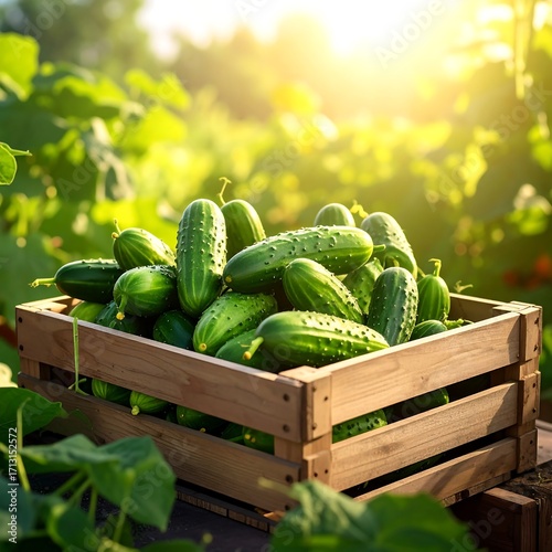 A wooden crate filled with fresh cucumbers rests amongst vibrant green foliage, bathed in the warm glow of the setting sun.