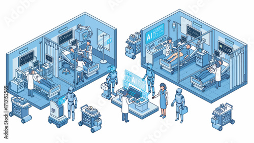 Doctors and robots work together in futuristic hospital room, providing patient care with advanced technology and artificial intelligence, showcasing innovation.