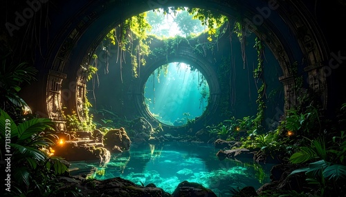 Mystical Cenote with Sunbeams and Tropical Plants