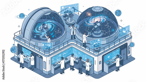 Scientists observing galaxies and celestial bodies in futuristic observatory with advanced technology and complex data analysis for space exploration.