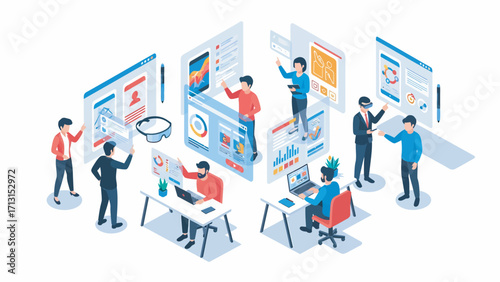 Business team collaborates on digital interfaces in modern office, showcasing teamwork and innovation with a focus on user experience and technology.