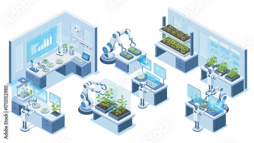 Robotic arms tending to plants in a futuristic laboratory, showcasing automation and precision in agricultural research for sustainable food production.