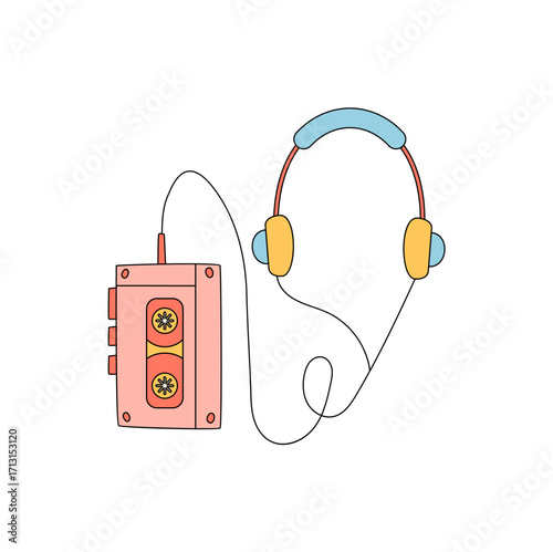 Retro groovy cartoon cassette sticker in y2k style with headphones and tape. Groovy element and music player, stereo gadget for fun audio backgrounds cool pop decor in vintage colors.