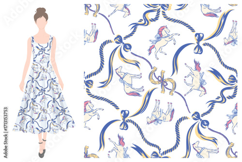 Seamless pattern of Horse and ribbon trellis isolated on transparent background.
