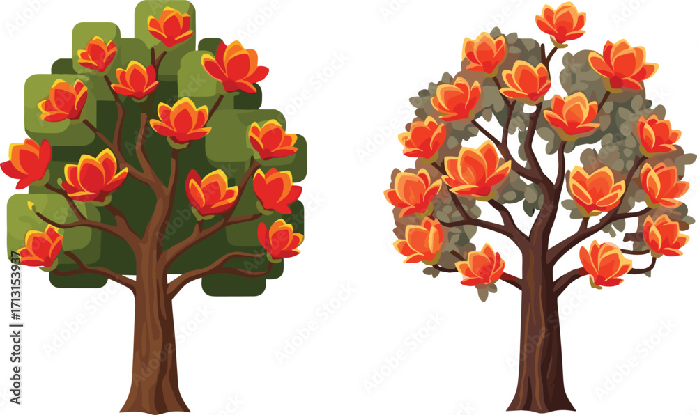 Fototapeta premium Flowering tree illustration, red orange blossom tree art, geometric foliage design, natural tree artwork, floral nature drawing, botanical decorative tree illustration