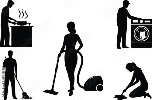 Household chores illustration, people cooking, washing clothes, sweeping floor, vacuuming, scrubbing, domestic work, home hygiene, cleaning tasks, lifestyle activity, flat vector