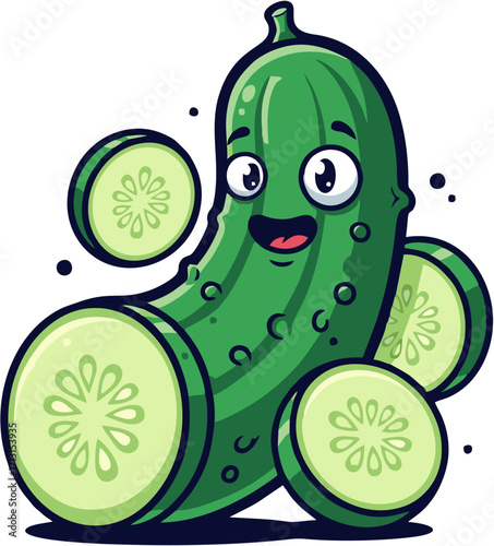Happy Cucumber Cartoon Character with Slices