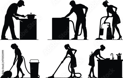 Household chores illustration, people cooking, washing clothes, vacuuming, dishwashing, floor cleaning, domestic work, home hygiene, daily routine, lifestyle activity, flat vector