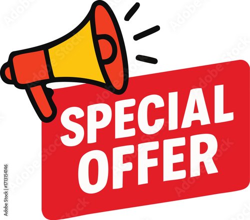 Special Offer Announcement with Megaphone and Red Sign for Promotions and Discounts.