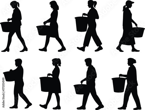 Silhouette people carrying buckets, group walking workers, manual labor illustration, black and white design, teamwork concept, human movement, abstract art, lifestyle