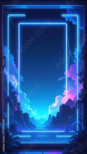 Neon-lit, vibrant landscape framed by glowing blue lines, presenting a serene and otherworldly scene.