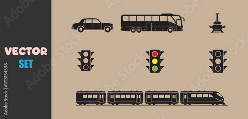 Collection of stylized vector transportation icons and traffic signals