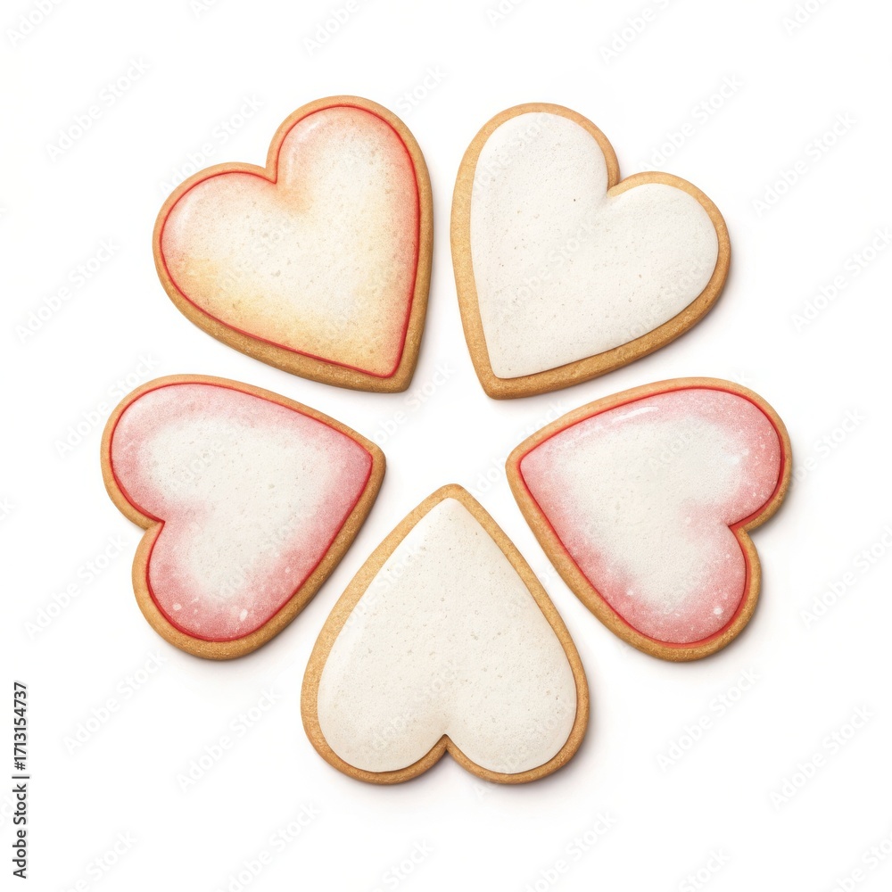 Obraz premium Five heart shaped cookies with white and pink icing isolated on white background