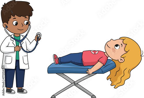 Cartoon boy doctor with stethoscope examining girl patient on medical bed, healthcare illustration, hospital checkup, children medicine, treatment, clinical cartoon scene