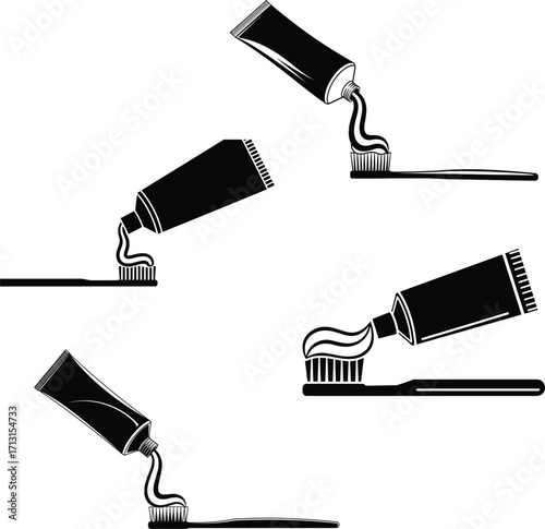 Squeezing toothpaste tube on toothbrush oral hygiene dental care icon set