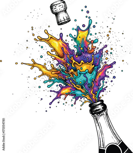 Colorful splash of champagne bottle. Champagne bottle mid-pop explosion with  cork suspended in midair, molten gold, electric teal, and cosmic violet and glittering bubbles