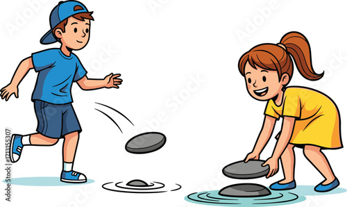 Cartoon children playing by the river, happy boy and girl skipping stones on water, kids outdoor summer activity fun illustration