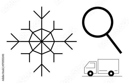 Snowflake, magnifying glass, and delivery truck representing cold chain logistics. Ideal for supply chain, transportation, quality control, refrigeration management, delivery services, inspection