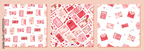 Seamless pattern with love mail in flat style set. Heart, envelope, note, postcard, message, card in romantic set. Postcard and mail pattern, card flat visual, cute greeting or correspondence.