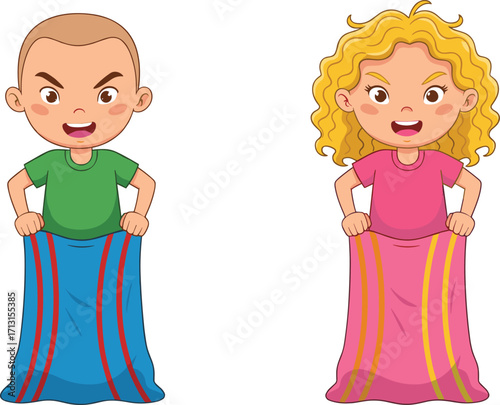 Cartoon children playing sack race, boy and girl holding bags, outdoor fun game, sports activity, competition, teamwork, childhood festival event