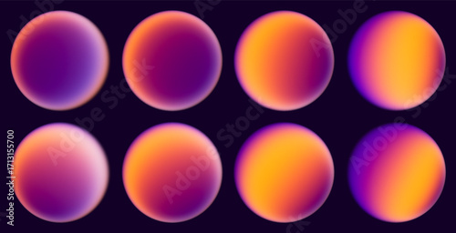 Set of glowing glass spheres filled with warm sunset inspired gradients blending orange purple and pink tones. Luminous spheres illuminated with glowing sunset gradients for creative projects. Vector