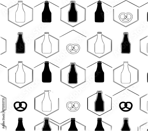 Monochromatic Beer Bottle and Pretzel Pattern Seamless Vector Design