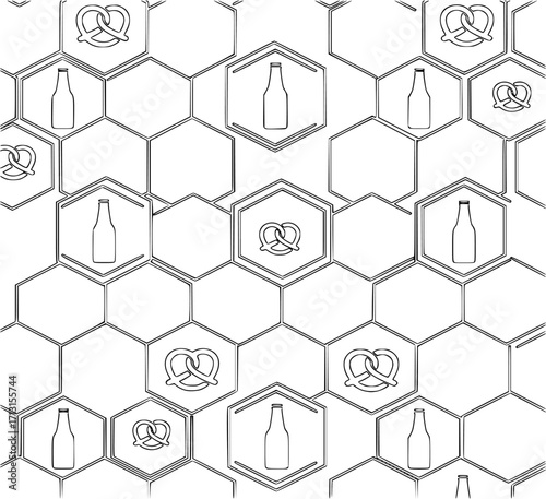 Seamless Pattern of Beer Bottles and Pretzels in a Hexagonal Grid Design