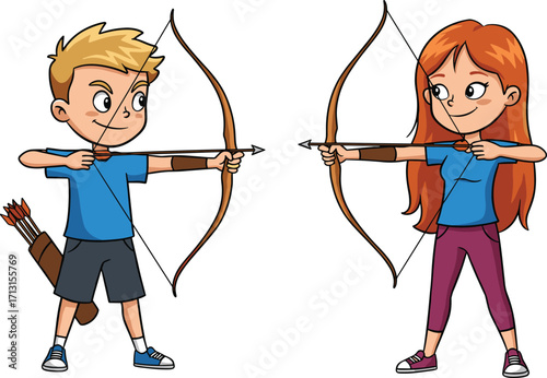 Cartoon children practicing archery, boy and girl aiming bows with arrows, sports activity, outdoor training, kids competition, target practice illustration