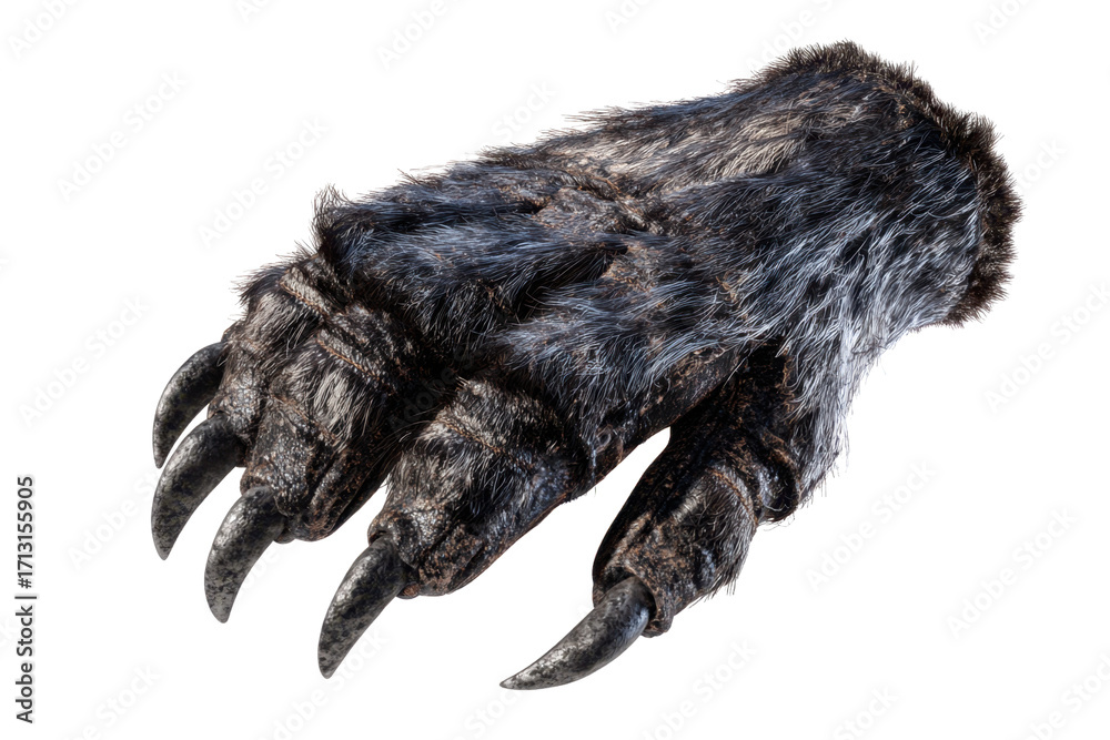 Obraz premium A realistic-looking furry gray monster paw glove with sharp claws.