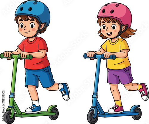 Cartoon children riding scooters, happy boy and girl wearing helmets, kids outdoor activity, fun exercise illustration, playful childhood vector art design