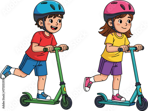 Cartoon children riding scooters, happy boy and girl wearing helmets, kids outdoor play activity, fun childhood exercise, safety sports vector illustration