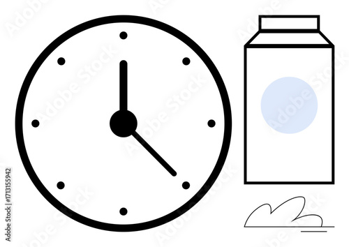 Large clock with bold hands pointing to morning, simple milk carton, abstract cloud shape. Ideal for time management, morning routine, organization, simplicity, daily life planning, punctuality