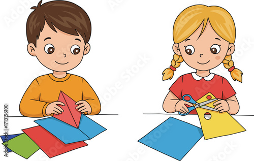 Cartoon illustration of boy and girl doing paper craft activity, children cutting and folding colorful sheets, creative kids art, vector design