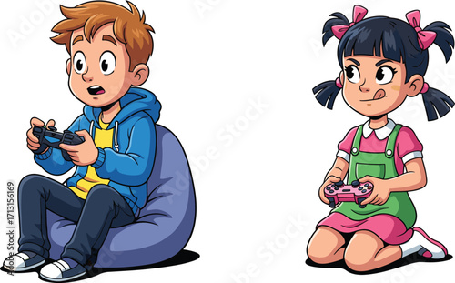 Cartoon illustration of boy and girl playing video games together, holding controllers, sitting on bean bag, gaming fun, kids entertainment