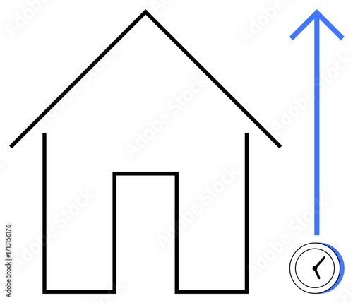 House outline, blue upward arrow, clock icon in lower corner. Ideal for housing growth, real estate, productivity, time management, planning home improvement and progress. Simple flat metaphor