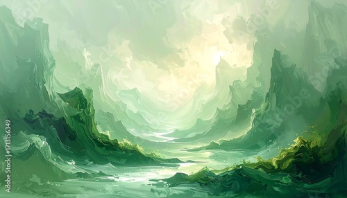 A serene, vibrant landscape showcases towering, textured mountains painted in shades of green and light hues, gently flowing water, and a soft, luminous light source.