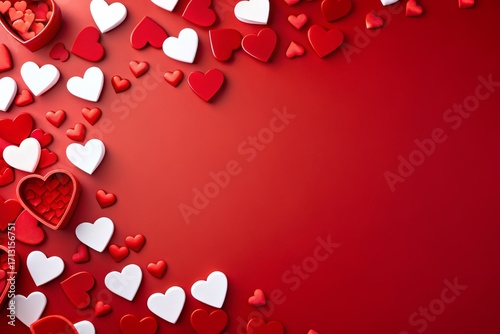 Red and white heart candies on red background with copy space