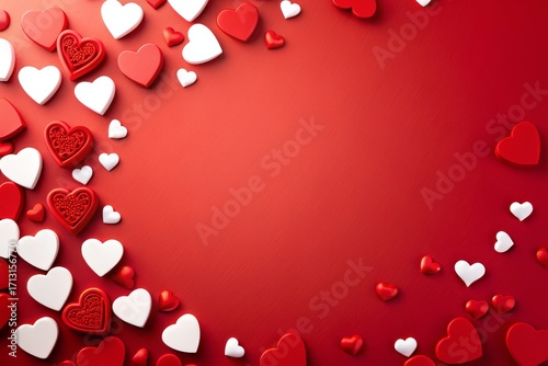 Red and white heart candies on red background with copy space