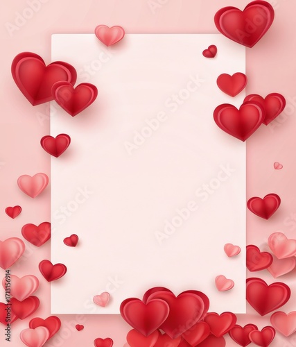 Valentines day background with red hearts and white frame for text isolated