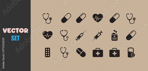 Collection of medical icons representing healthcare and medicine on a beige background